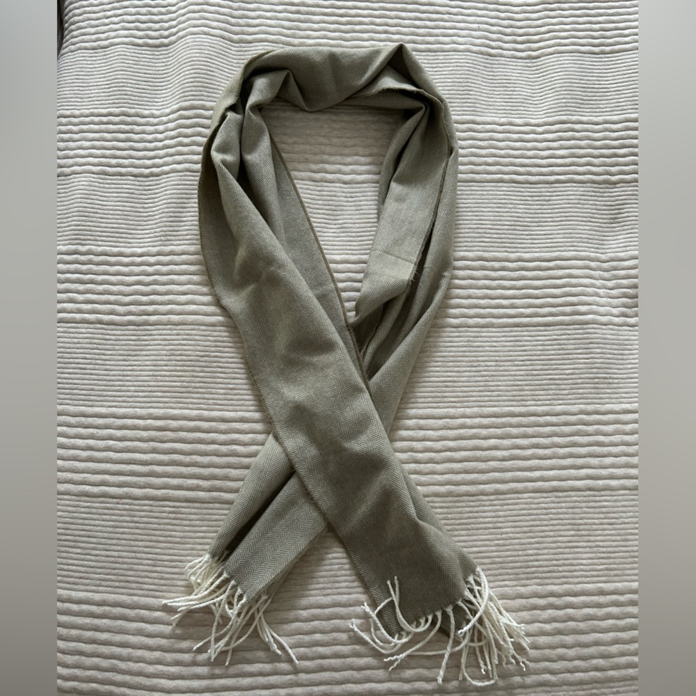 Herringbone and Fringe Cashmere Scarf Fall Winter Neutral‎ Tan White